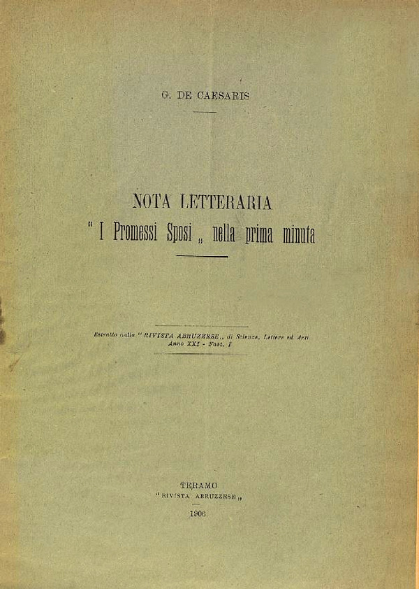 NOTA LETTERARIA : I Promessi Sposi nella prima minuta