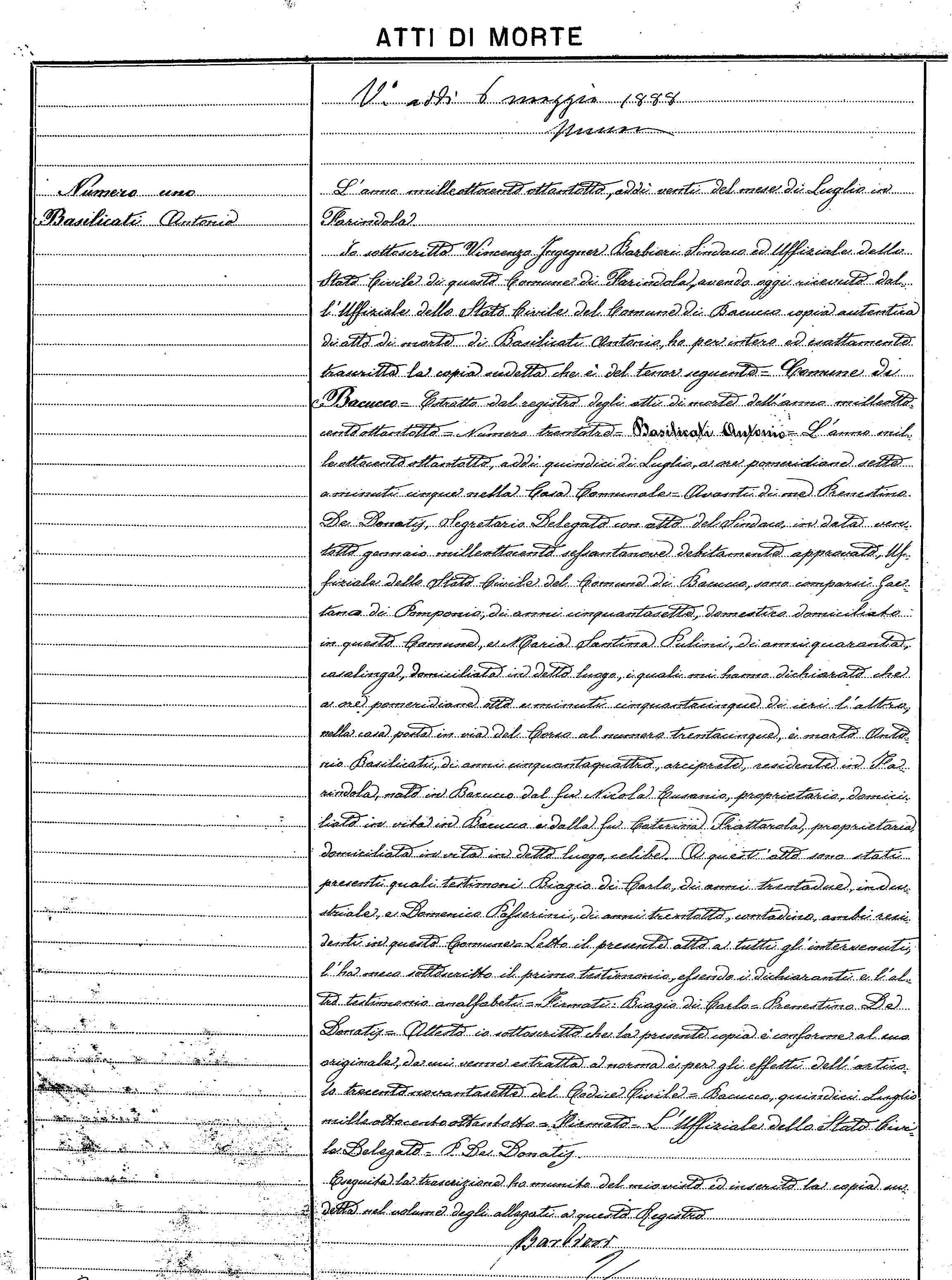 Certificato di morte: Farindola 13 luglio 1888