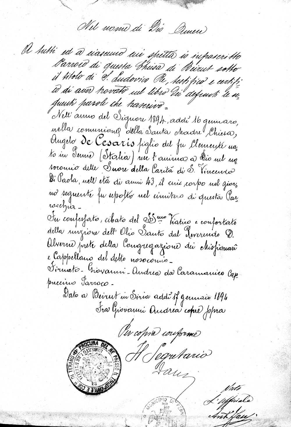 Atto di Morte di Angelo de Cesaris