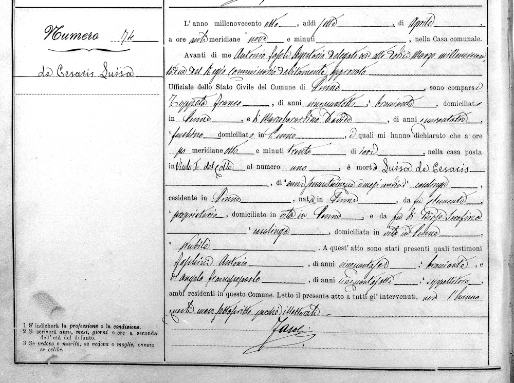 Atto di Morte di Eluisa (Luisa) de Cesaris