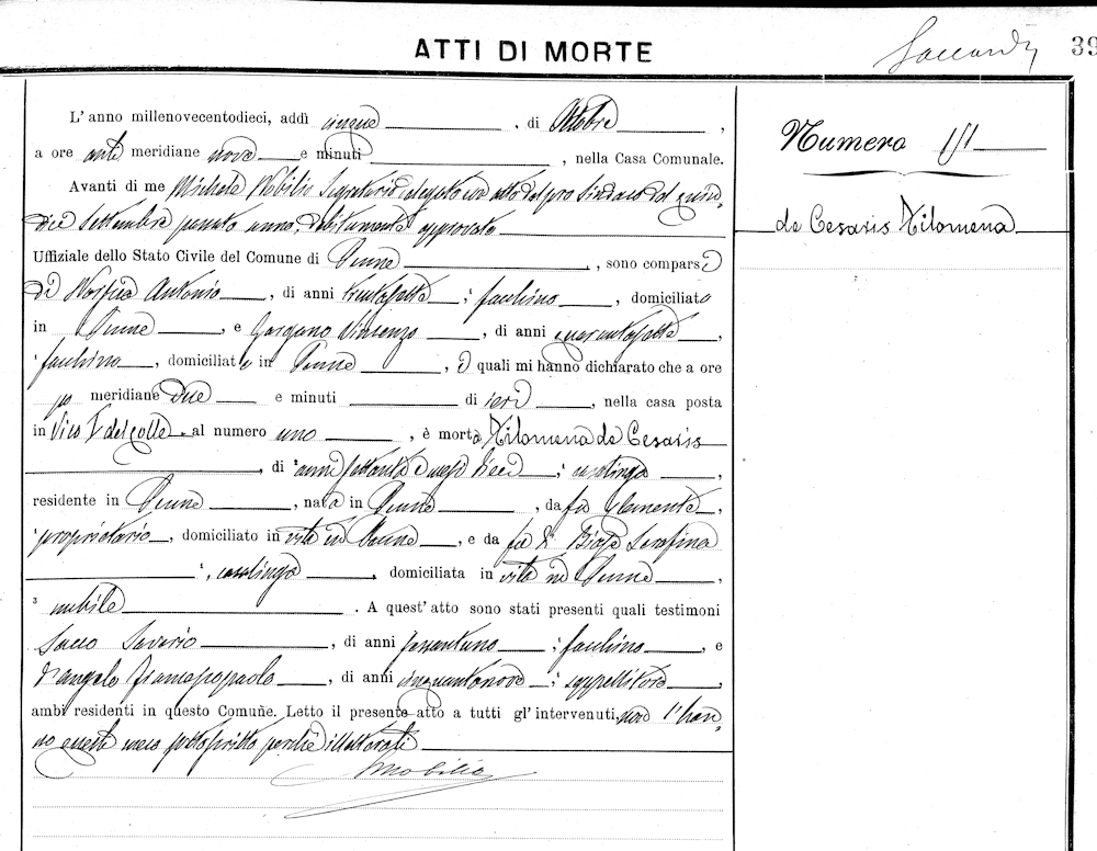 Atto di Morte di Filomena de Cesaris