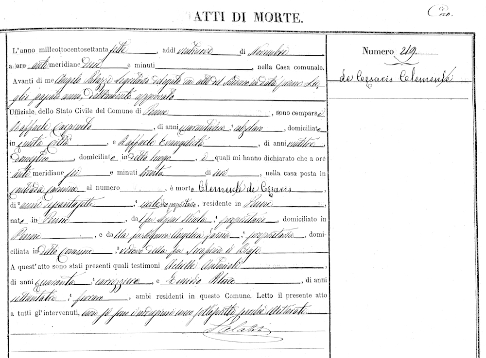 Atto di Morte di Clemente de Caesaris
