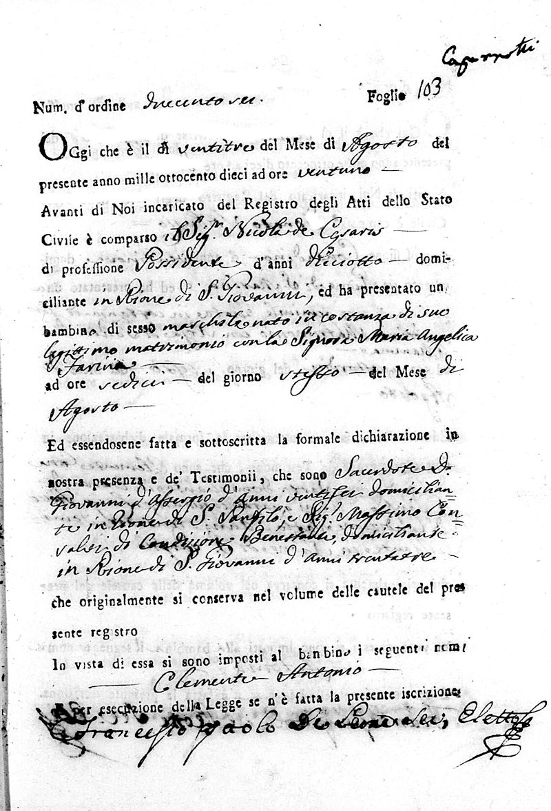 Atto di Nascita di Clemente de Caesaris