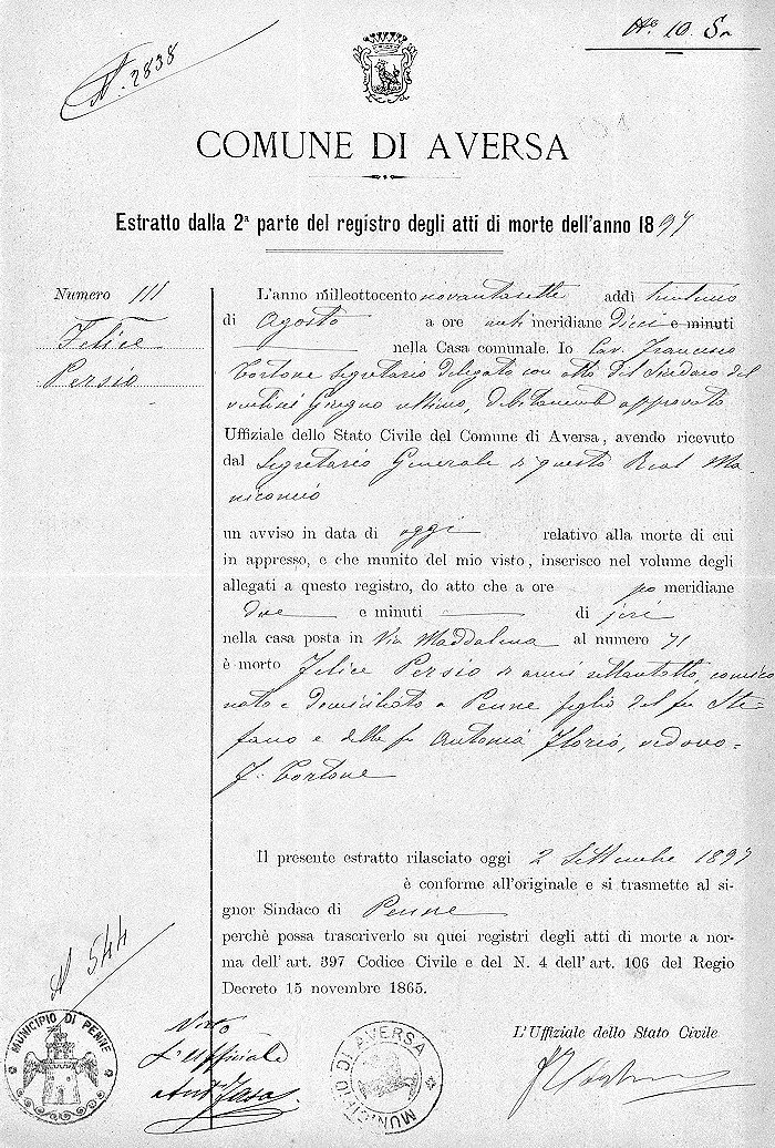 L'atto di morte di Felice Persio