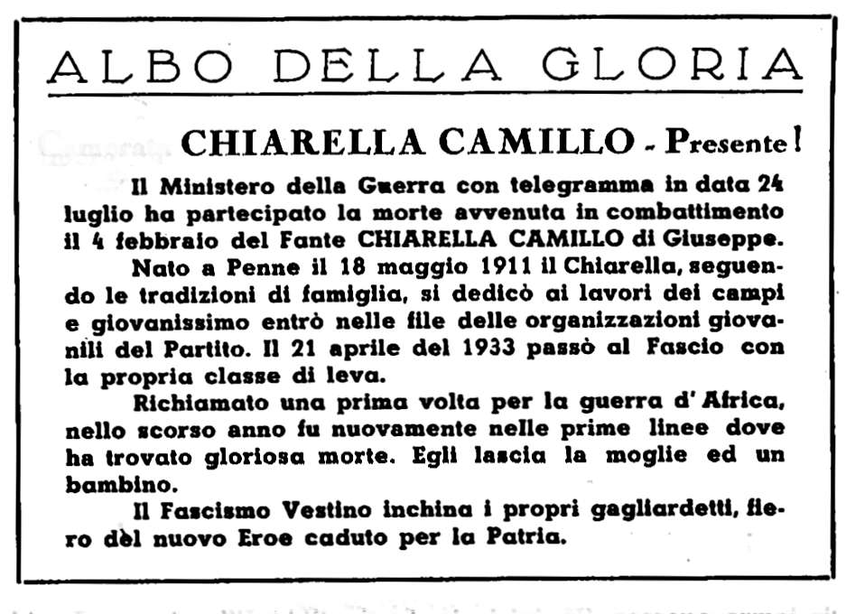 notizia riportata dal periodico 'L'Assalto Vestino' del 1 Agosto 1941