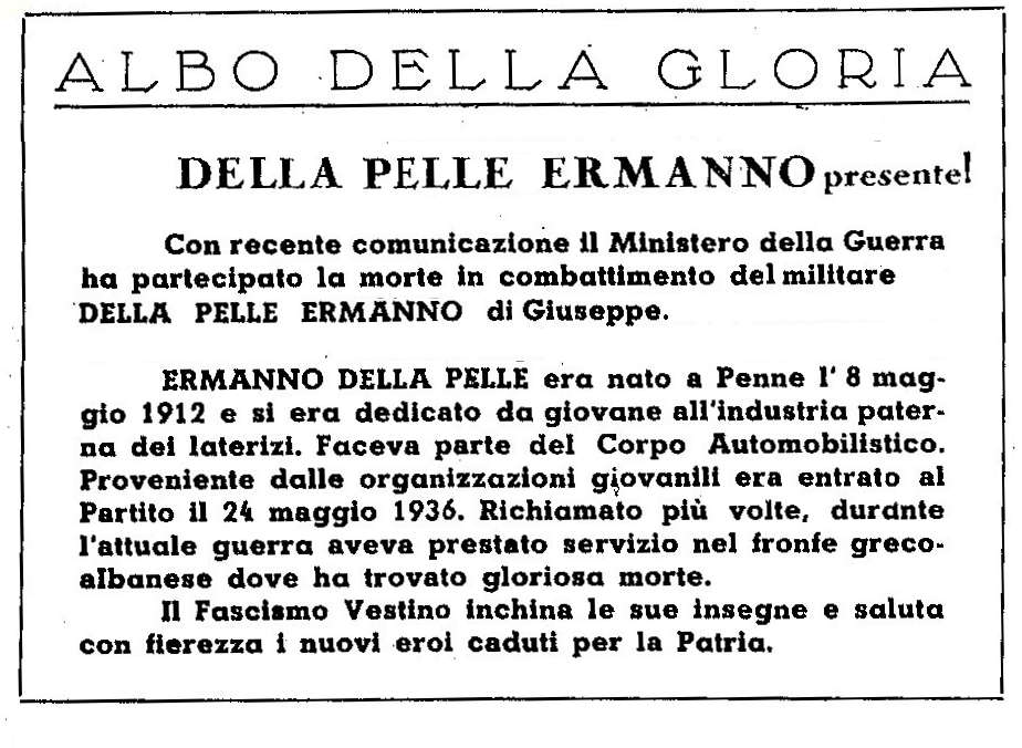 notizia riportata dal periodico 'L'Assalto Vestino' del 1 Agosto 1941