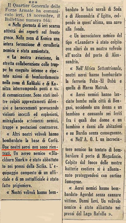 Bollettino di Guerra n. 164 del 18.11.1940